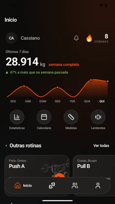 Tela inicial do Hardn: 28.914 kg nos últimos 7 dias, 47% a mais que na semana passada, com o gráfico da semana.